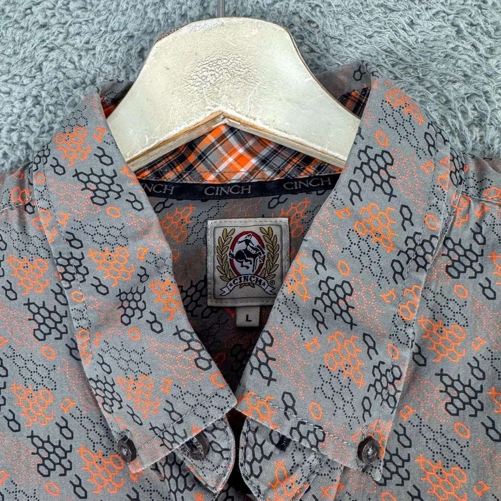Cinch Shirt Mens Large Gray Orange Geometric Western Button Down Long Sleeve‎ - Picture 4 of 11